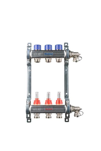 Edelstahl Heizkreisverteiler für FBH - 3 Heizkreise (Länge: 242 mm)