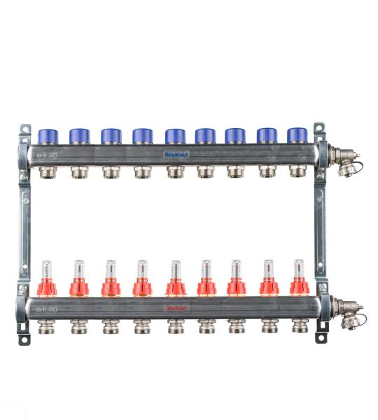 Edelstahl Heizkreisverteiler für FBH - 9 Heizkreise (Länge: 543 mm)